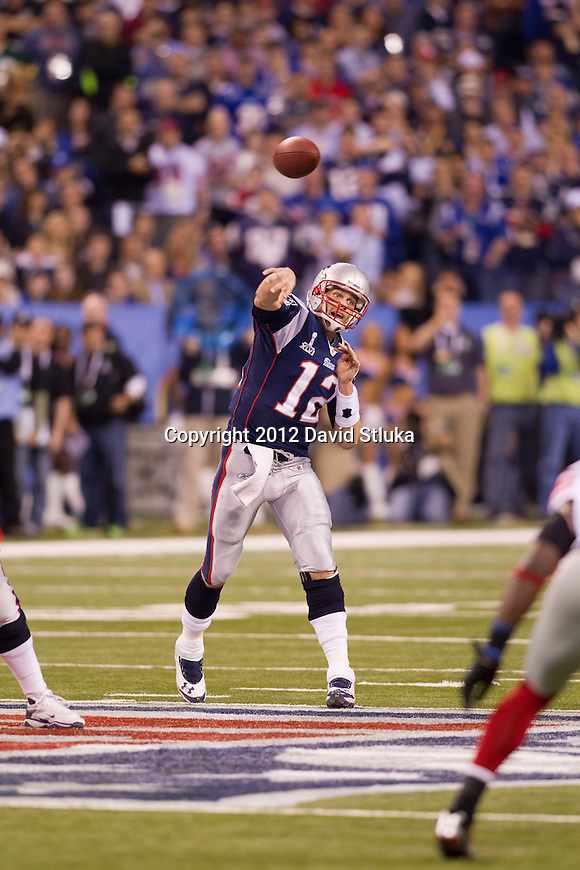 New England Patriots quarterback Tom Brady (12) throws a pass during the NFL Super Bowl XLVI football game against the New York Giants on Sunday, Feb. 5, 2012, in Indianapolis. The Giants won 21-17 (AP Photo/David Stluka)...