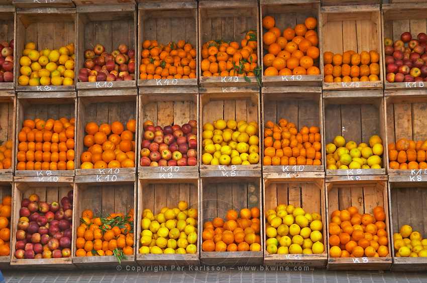 A fruit and vegetable shop displaying products in wooden crates on the street: tomatoes, many types of oranges, lemons, apples, bananas and more Montevideo, Uruguay, South America