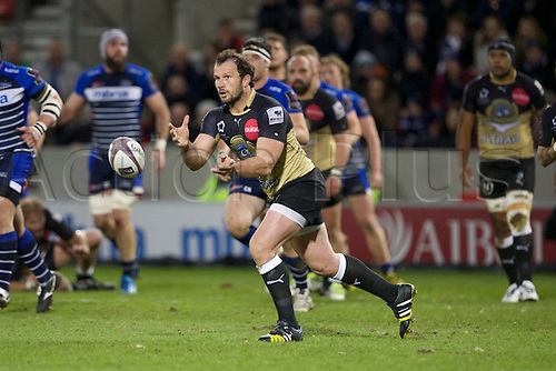08.04.2016. AJ Bell Stadium, Salford, England. European Champions Cup. Sale versus Montpellier. Montpellier flanker Fulgence Ouedraogo passes the ball.