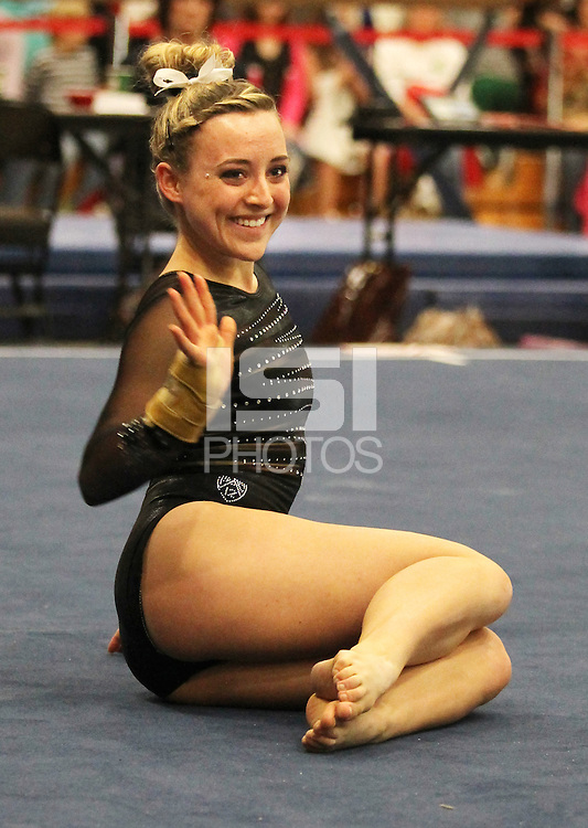 STANFORD, CA--March 1, 2013--Shone Morgan with Stanford women's Gymnastics team competes during the competition against Cal and Oregon State University on the Stanford University Campus. Stanford won the competition . Shone Morgan