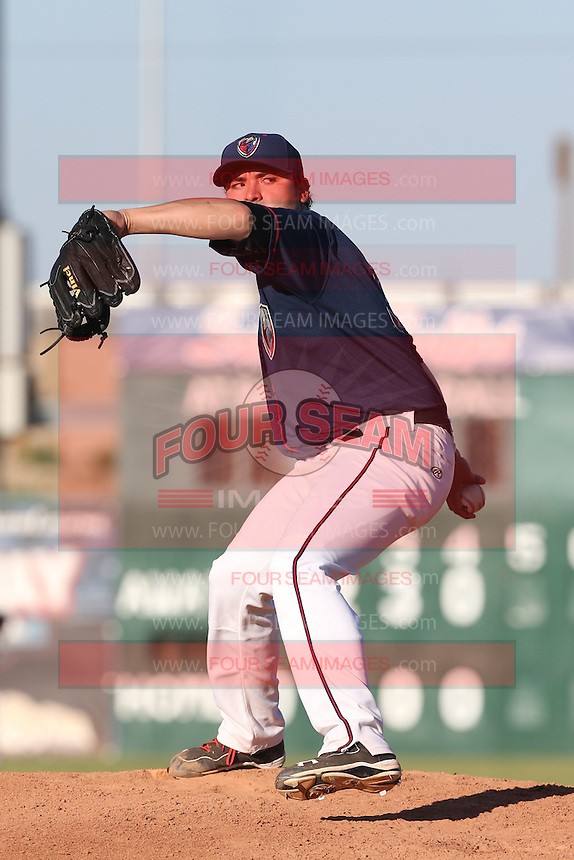 Gonzalo Sanudo #37 of the Lancaster JetHawks pitches against the Inland Empire 66ers at The Hanger on May 26, 2014 in Lancaster, California. Lancaster defeated Inland Empire, 6-5. (Larry Goren/Four Seam Images)