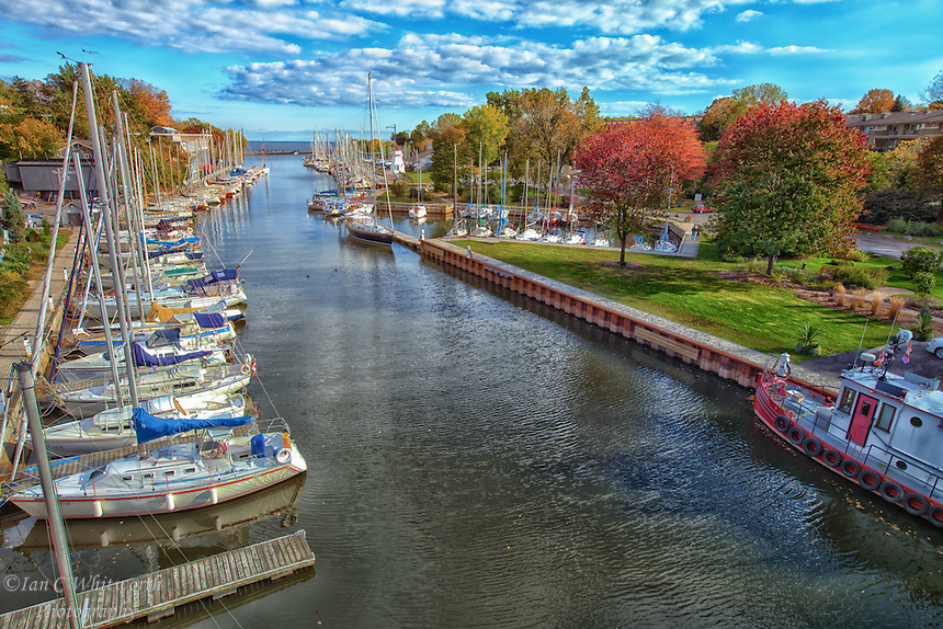A fall view looking south along 16 Mile Creek at the sailboats in Oakville Ontario.