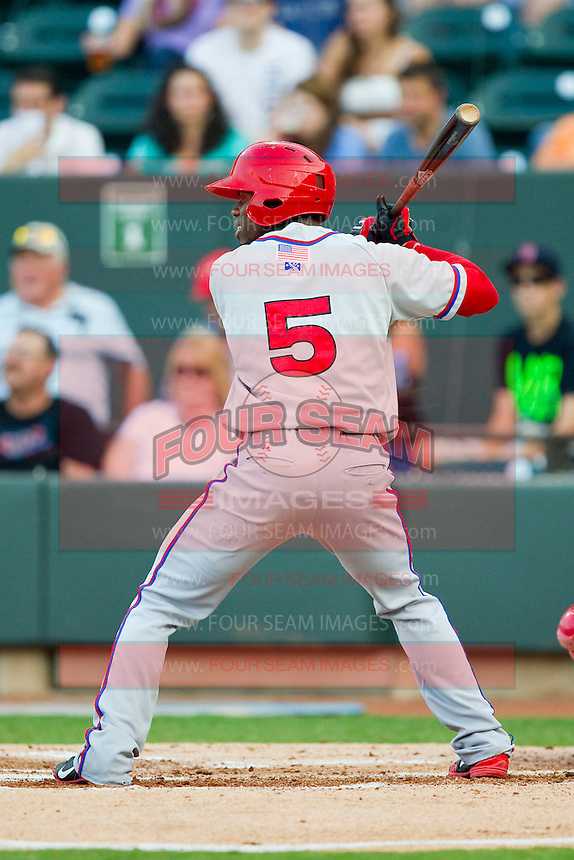 California League All-Star Travis Witherspoon #5 of the Inland Empire 66ers at bat against the Carolina League All-Stars during the 2012 California-Carolina League All-Star Game at BB&T Ballpark on June 19, 2012 in Winston-Salem, North Carolina. The Carolina League defeated the California League 9-1. (Brian Westerholt/Four Seam Images)