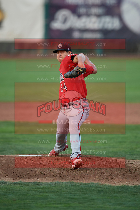 Billings Mustangs starting pitcher Ricky Salinas (64) delivers a pitch during a game against the Ogden Raptors at Lindquist Field on August 18, 2018 in Ogden, Utah. Billings defeated Ogden 6-4. (Stephen Smith/Four Seam Images)