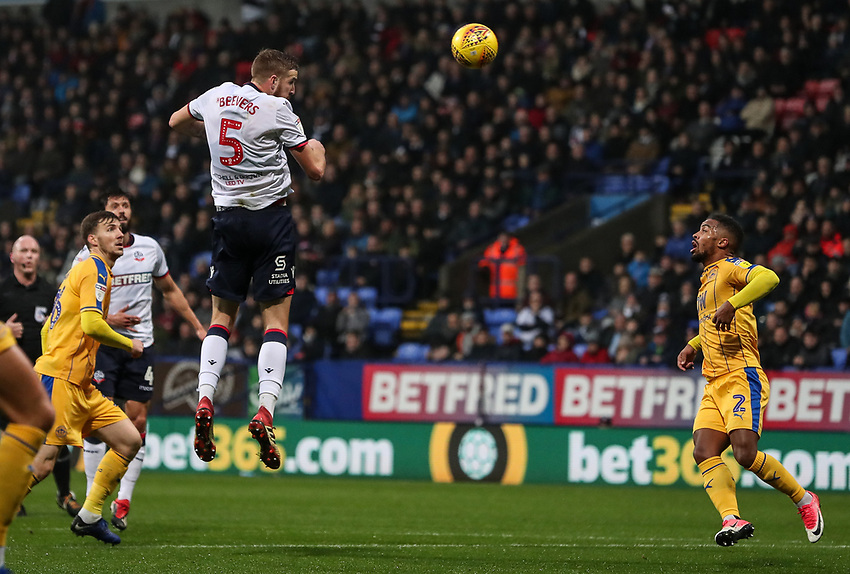 Bolton Wanderers' Mark Beevers heads at goal <br />
<br />
Photographer Andrew Kearns/CameraSport<br />
<br />
The EFL Sky Bet Championship - Bolton Wanderers v Wigan Athletic - Saturday 1st December 2018 - University of Bolton Stadium - Bolton<br />
<br />
World Copyright © 2018 CameraSport. All rights reserved. 43 Linden Ave. Countesthorpe. Leicester. England. LE8 5PG - Tel: +44 (0) 116 277 4147 - admin@camerasport.com - www.camerasport.com