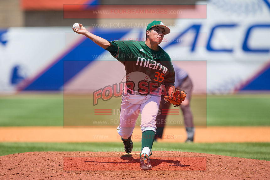 Miami Hurricanes relief pitcher Andrew Cabezas (35) delivers a pitch to the plate against the Wake Forest Demon Deacons in Game Nine of the 2017 ACC Baseball Championship at Louisville Slugger Field on May 26, 2017 in Louisville, Kentucky. The Hurricanes defeated the Demon Deacons 5-2 to advance to the semi-finals. (Brian Westerholt/Four Seam Images)