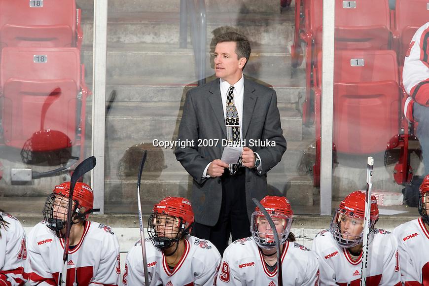 MADISON, WI - NOVEMBER 2: Head coach Mark Johnson of the Wisconsin Badgers women's hockey team looks on during the game against the Minnesota Golden Gophers at the Kohl Center on November 2, 2007, in Madison, Wisconsin. The Badgers beat the Golden Gophers 3-0. (Photo by David Stluka)