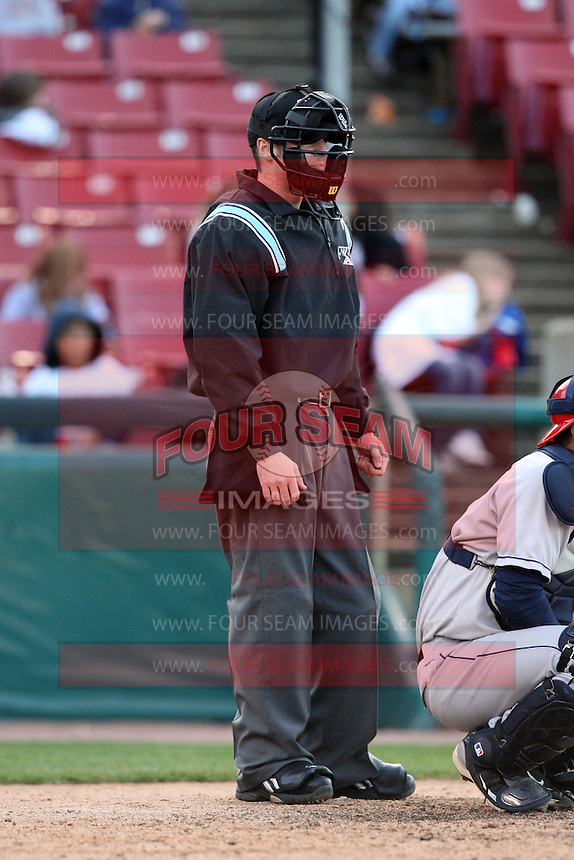 April 17 2010: Home plate umpire Asa Gaddy at Elfstrom Stadium in Geneva, IL. Photo by: Chris Proctor/Four Seam Images