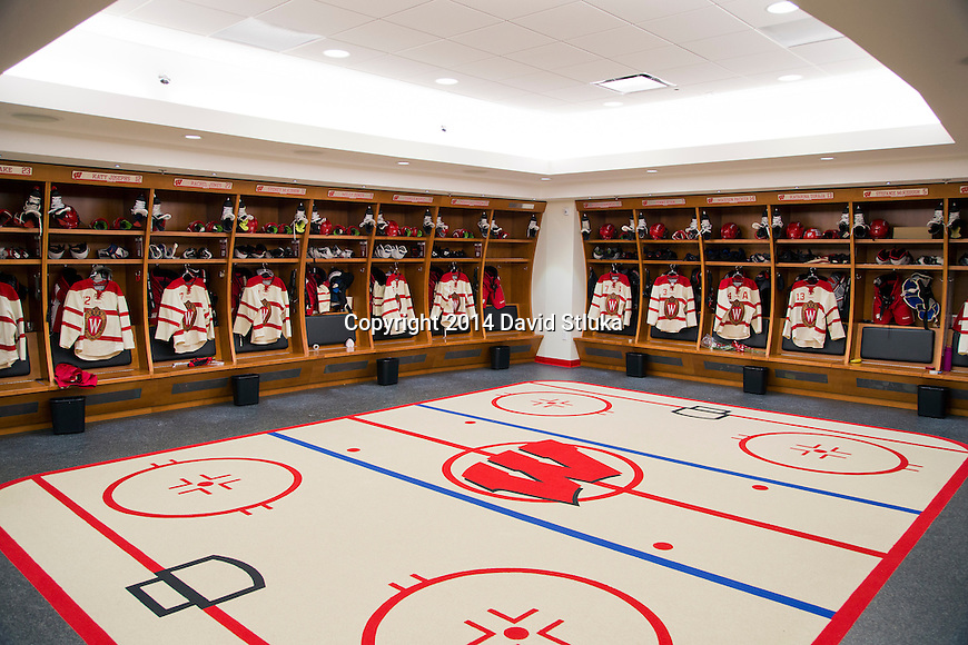 A general view of the Wisconsin Badgers locker room prior to an NCAA college women's hockey game against the Minnesota Golden Gophers Saturday, February 15, 2014 in Madison, Wis. (Photo by David Stluka)