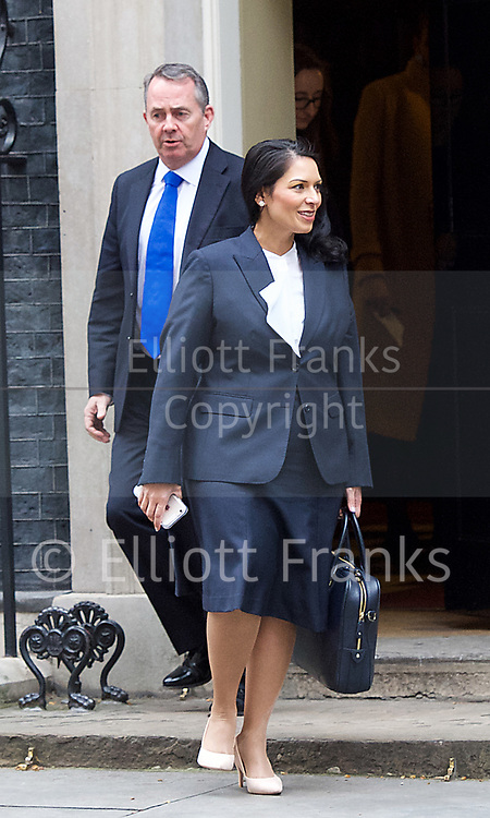 Cabinet Meeting <br />
10 Downing Street London, Great Britain <br />
29th March 2017 <br />
<br />
departures following the final cabinet meeting before Article 50 is triggered in Parliament today.<br />
<br />
Liam Fox and Priti Patel leaving <br />
<br />
<br />
Photograph by Elliott Franks <br />
Image licensed to Elliott Franks Photography Services