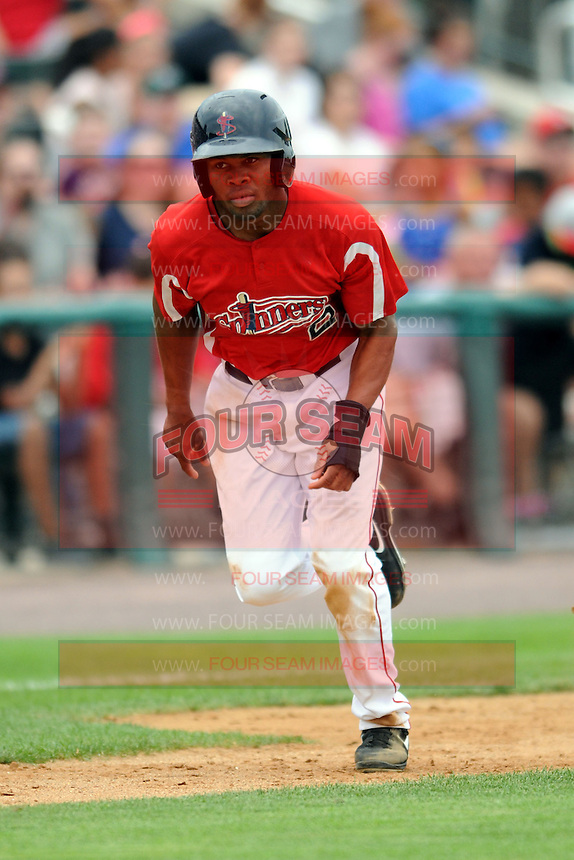 Lowell Spinners outfielder Manuel Margot #2 during a game versus the Hudson Valley Renegades at LeLacheur Park in Lowell, Massachusetts on August 18, 2013. (Ken Babbitt/Four Seam Images)