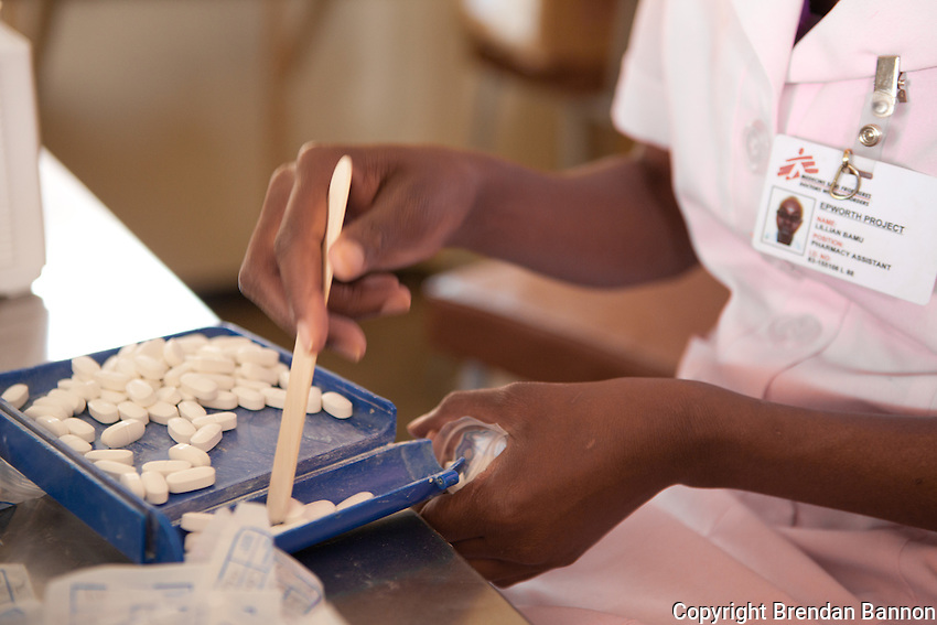 The Pharmacy at Overspill clinic in Epworth, Zimbabwe. MSF provides patients medication free of charge. With 14.3 per cent prevalence rate (UNAIDS 2009), Zimbabwe is one of the countries worst affected by the worldwide HIV/AIDS epidemic. Since 2007, MSF has been running an HIV/AIDS project in Epworth. In August 2011, MSF had 12,864 patients under care in both of its clinics there.