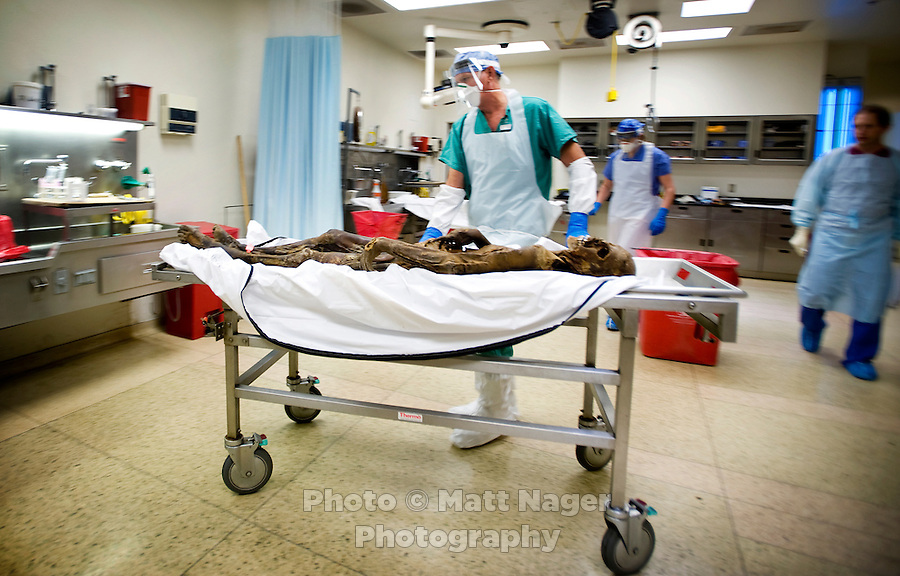 Assistant Louie Goad (cq) moves the corpse of a presumed migrant found on the Tohono O'odham reservation near Cockleburr Village on August 2,2009 in place for an autopsy examination at the Pima County Medical Examiners office in Tucson, Arizona, Wednesday, August 5, 2009. The person is thought to be a man and an identification card was found 30 feet from the body which might be his. ..PHOTOS/ MATT NAGER