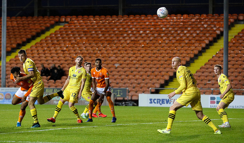 Blackpool's Joe Nuttall gets a header away, under pressure from Morecambe's Sam Lavelle<br />
<br />
Photographer Alex Dodd/CameraSport<br />
<br />
EFL Leasing.com Trophy - Northern Section - Group G - Blackpool v Morecambe - Tuesday 3rd September 2019 - Bloomfield Road - Blackpool<br />
<br />
World Copyright © 2018 CameraSport. All rights reserved. 43 Linden Ave. Countesthorpe. Leicester. England. LE8 5PG - Tel: +44 (0) 116 277 4147 - admin@camerasport.com - www.camerasport.com
