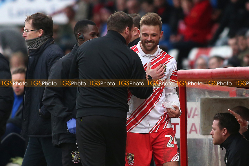 Matthew Godden is congratulated by Stevenage manager Darren Sarll during Stevenage vs Notts County, Sky Bet EFL League 2 Football at the Lamex Stadium on 4th March 2017