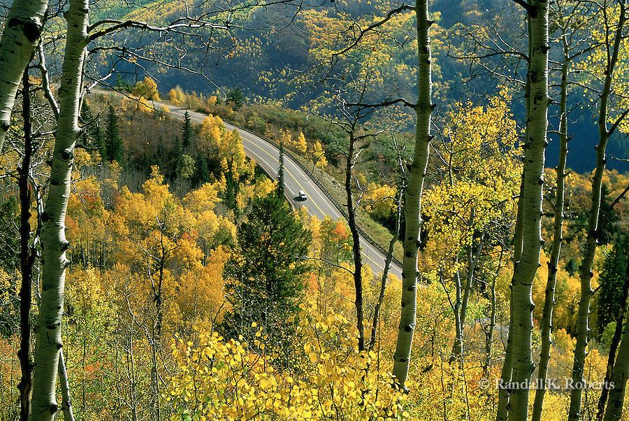 Autumn aspens line the route as Colorado State Highway 133 winds its way along McClure Pass, near Marble, Colorado.