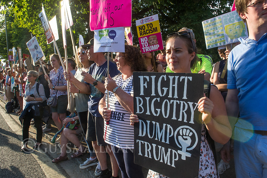 Local people protest in the village of Woodstock, Oxfordshire over the prescence of Donald Trump at Blenhein Palace during his state visit to Britain. 12-7-18