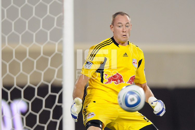 New York Red Bulls goalkeeper Greg Sutton (24) watches a shot hit the post. The New York Red Bulls defeated the New England Revolution 2-1 during a Major League Soccer (MLS) match at Red Bull Arena in Harrison, NJ, on June 10, 2011.