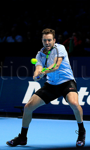 18th November 2017, O2 Arena, London, England; Nitto ATP Tennis Finals; Jack Sock (USA) plays a backhand shot in his match with Grigor Dimitrov (BUL)