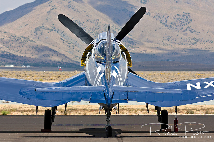 Goodyear built F2G-1 Super Corsair, piloted by Bob Odegaard, sits on the ramp at Stead Field in Nevada during the 2011 Reno Air Races. The aircraft was previously owned by Cook Cleland and raced in the Tinnerman and Thompson Trophy Races in the 1940's following World War II.