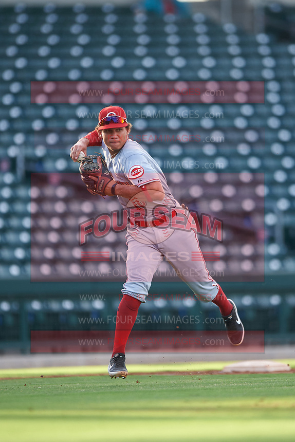 AZL Reds third baseman Sebastian Almonte (16) throws to first base during an Arizona League game against the AZL Cubs 2 on July 23, 2019 at Sloan Park in Mesa, Arizona. AZL Cubs 2 defeated the AZL Reds 5-3. (Zachary Lucy/Four Seam Images)