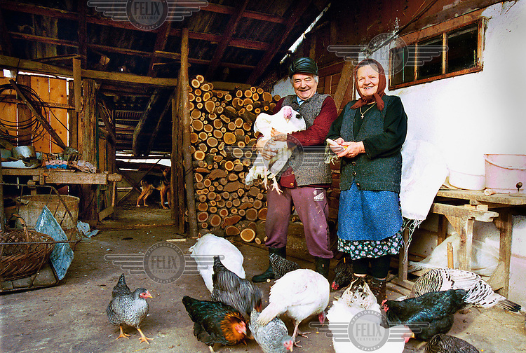 Ion Furcea (63) with his wife and chickens in their smallholding. He worked as a school director in town, but they returned to his home village after retirement. "I have no idea how we could hve survived if we didn't have this house with some land. The only people who have enough pension are the politicians and the army. The rest of the population only got some crumbs."