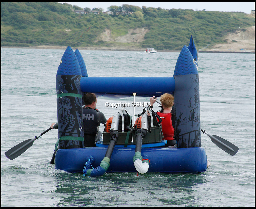 BNPS.co.uk (01202 558833)<br />
Pic:MichaelCunningham/BNPS<br />
<br />
Help for Hapless Heroes...<br />
<br />
There may be trouble ahead...<br />
<br />
A well intentioned, if a little unwise, attempt by a crack army team of three to row a bouncy castle across the treacherous waters of the Solent yesterday in aid of Help for Heroes ended in a plucky but predictable failiure. <br />
<br />
A cock-up over tide times that any member of the Senior service would find laughable saw the soaked squaddies soon being swept out to sea before being rescued by their support boat and towed back to shore.<br />
<br />
The brave but unwise attempt by three Army officers was intended to raise funds for the Help for Heroes charity but as an onlooker said 'it might make sense to leave these sort of things to the Royal Navy'.