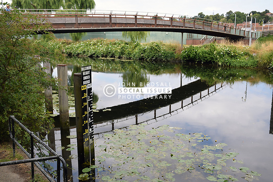 River Wensum, Norwich - maximum height under bridge sign to warn boats. UK. Peter's Bridge