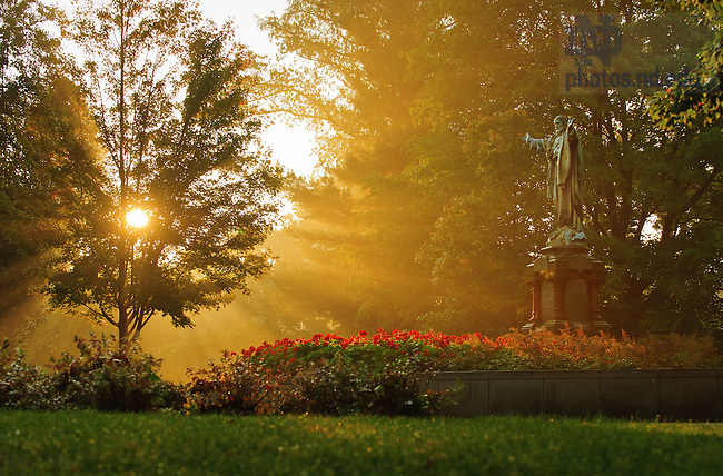 Jesus Statue on a misty morning..Photo by Matt Cashore/University of Notre Dame