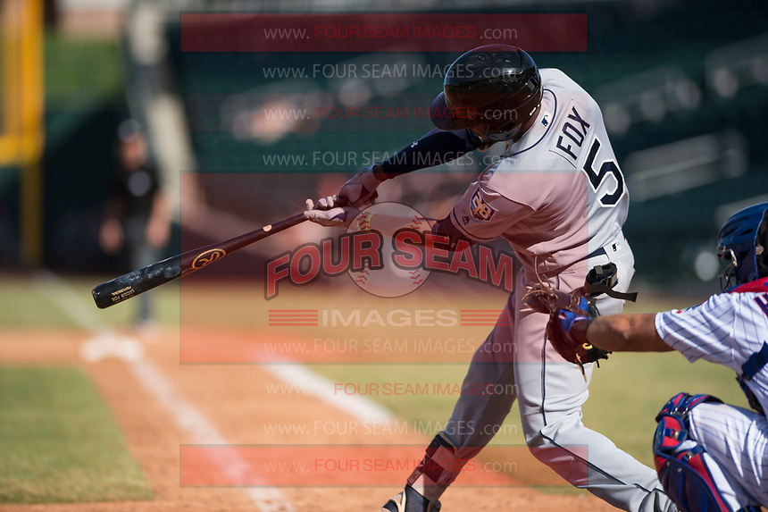 Peoria Javelinas shortstop Lucius Fox (5), of the Tampa Bay Rays organization, swings at a pitch during an Arizona Fall League game against the Mesa Solar Sox at Sloan Park on October 24, 2018 in Mesa, Arizona. Mesa defeated Peoria 4-3. (Zachary Lucy/Four Seam Images)