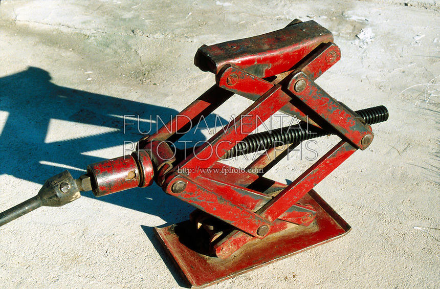 SCREW-TYPE TOOLS<br />
Screw-type Car Jack<br />
Mechanical device used to elevate the end of a car by a system of ratchets, gears, and screws. The screw-type car jack is a first class lever.
