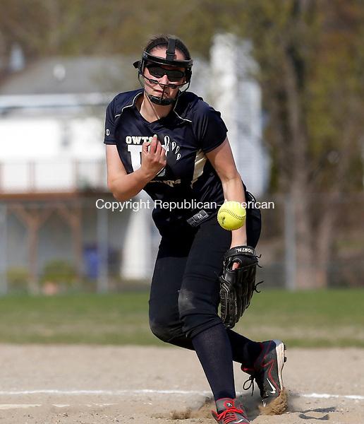 Torrington, CT- 04 May 2015-050415CM09- Wolcott Tech's Emily Andrews delivers a pitch against Kaynor Tech during their matchup in Torrington on Monday. Kaynor won,13-11. Christopher Massa Republican-American
