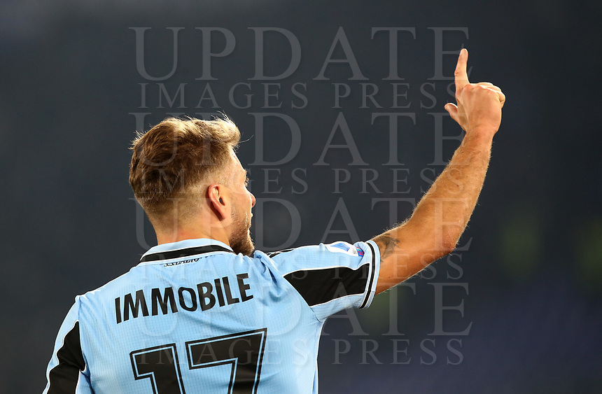 Football, Serie A: S.S. Lazio - Napoli, Olympic stadium, Rome, January 11, 2020.<br />
Lazio's Ciro Immobile celebrates after scoring during the Italian Serie A football match between S.S. Lazio and Napoli at Rome's Olympic stadium, Rome , on January 11, 2020.<br />
UPDATE IMAGES PRESS/Isabella Bonotto