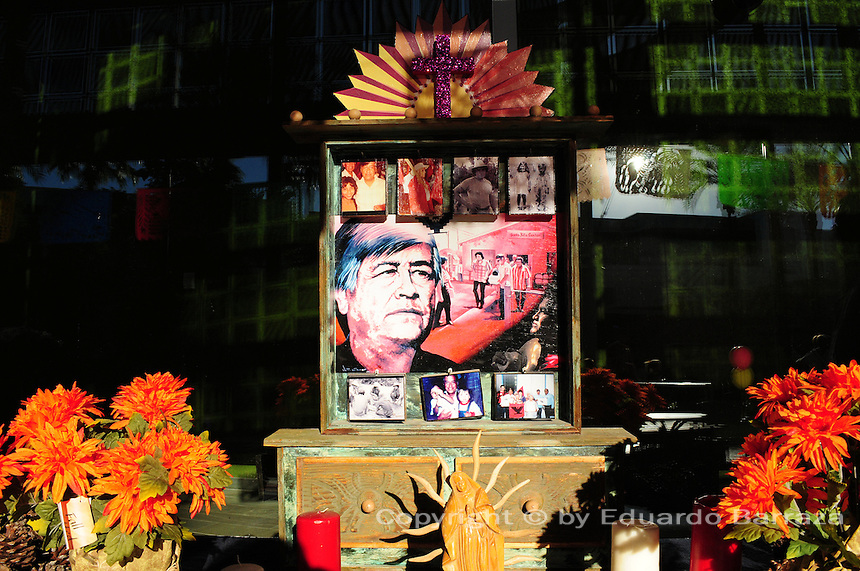 Mesa, Arizona. October 28, 2012 - The Day of the Dead is a religious holiday celebrated in Mexico with a solemn mood to remember dead loved ones. However, in the Southwest of the United States and in states like Arizona, the holiday takes a form of a cultural festivity, the turning the traditional "Día de los Muertos" into a festival-like event. A Day of the Dead altar celebrating the life of Mexican-American farm workers organizer and Chicano Movement's hero Cesar E. Chavez. Chavez was born and died in Arizona. This artwork was created by artist Mexican Juan Olalde. Photo Eduardo Barraza © 2012