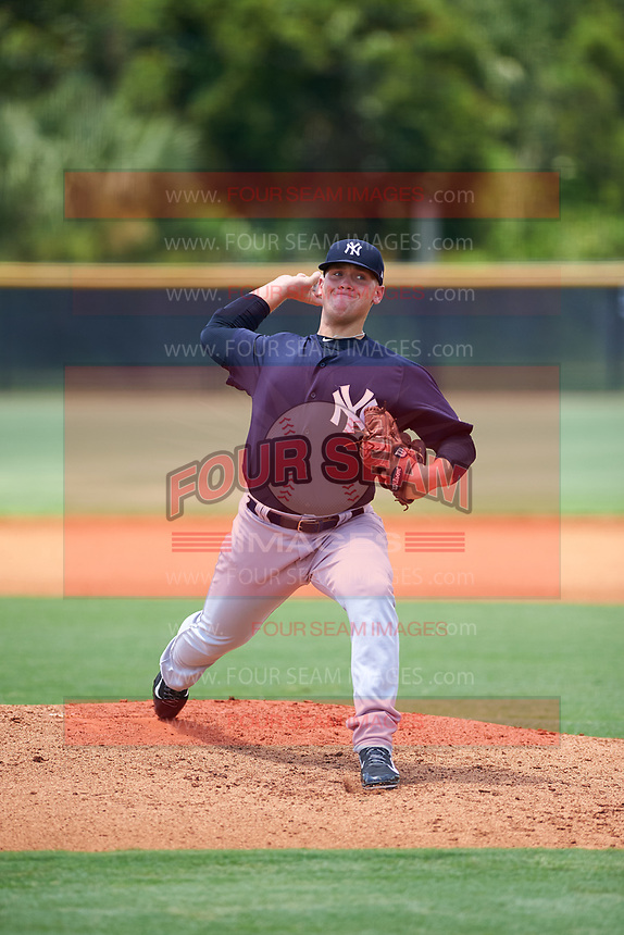 GCL Yankees East relief pitcher Shawn Semple (18) delivers a pitch during the second game of a doubleheader against the GCL Yankees West on July 19, 2017 at the Yankees Minor League Complex in Tampa, Florida. GCL Yankees West defeated the GCL Yankees East 3-1. (Mike Janes/Four Seam Images)