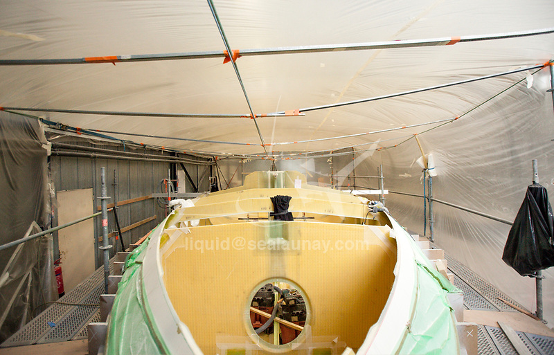 Preparation of the Lift 40 ( Class 40 ) for the skipper Yoann Richomme before the Route du Rhum 2018 at Gepeto Composite.<br />
Gepeto Composites capitalising on their expertise in composite boat building for high-tech racing yachts.<br />
Gepeto Composites is based in Lorient Keroman Submarine Base, Brittany, France.