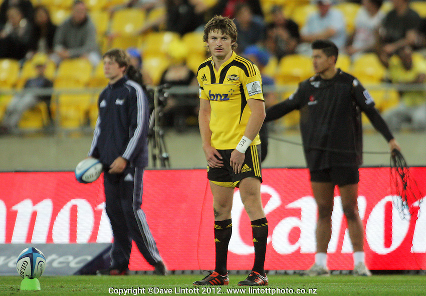 Beauden Barrett lines up a kick at goal during the Super 15 rugby match between the Hurricanes and Highlanders at Westpac Stadium, Wellington, New Zealand on Saturday, 17 March 2012. Photo: Dave Lintott / lintottphoto.co.nz