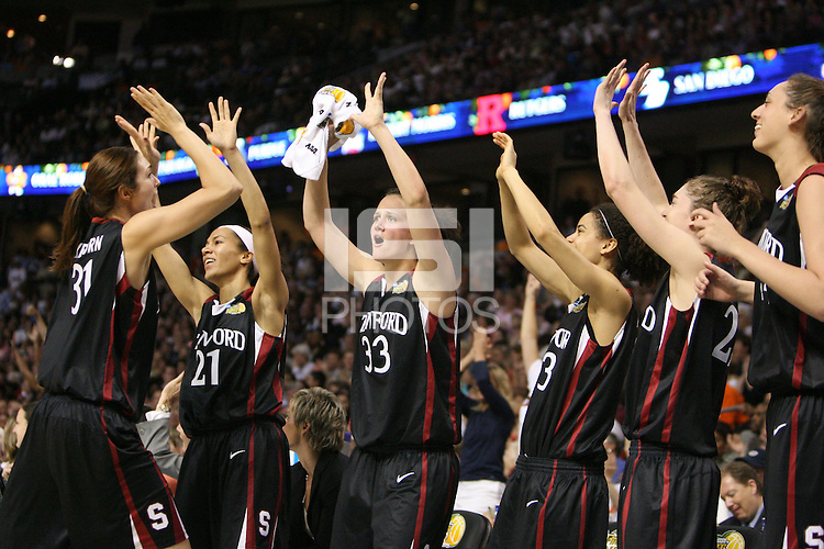 6 April 2008: Stanford Cardinal (L-R) Morgan Clyburn, Rosalyn Gold-Onwude, Jillian Harmon, Cissy Pierce, Hannah Donaghe, and Ashley Cimino during Stanford's 82-73 win against the Connecticut Huskies in the 2008 NCAA Division I Women's Basketball Final Four semifinal game at the St. Pete Times Forum Arena in Tampa Bay, FL.