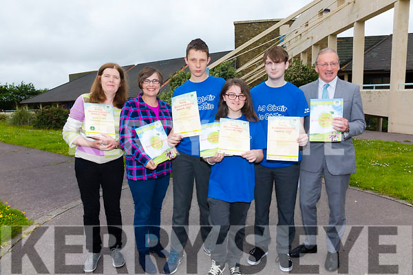 Colaiste na Sceilge Leaving Cert Applied students win the 'Best Action Project Award' at the 2017 Young Environmental Awards Night in Dublin last week pictured here l-r; Bríd Collison(CnaS LCA Coordinator), Anne Murphy(KDYS), Colin O'Sullivan, Rebeca Thompson, Anthony Quinn & John O'Connor(Principal).