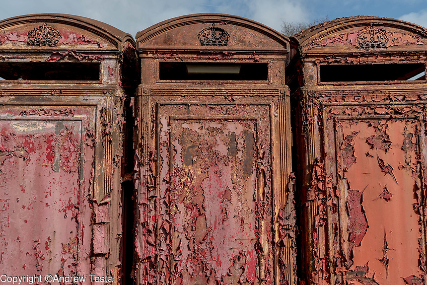 UK. Redhill. 20th March 2018<br />
Disused phone booths at Unicorn Restorations in Redhill, Surrey.<br />
Andrew Testa for the New York Times