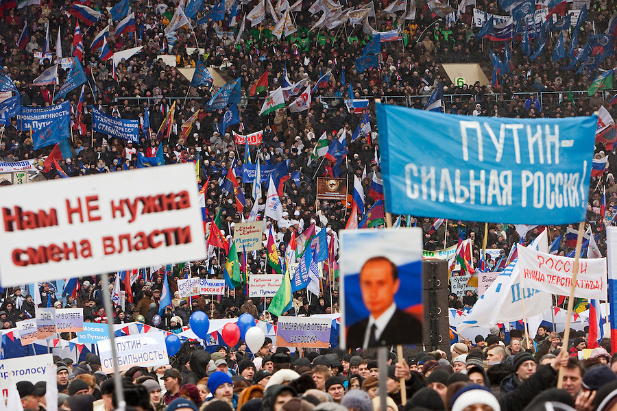 Moscow, Russia, 23/02/2012..Some 130,000 people attend a rally at Luzhniki sports stadium supporting Prime Minister Vladimir Putin’s presidential election campaign.
