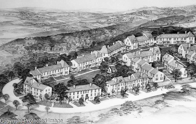Mt. Washington: View of a Chatham Village rendering - 1931. This rendering had a view from the city toward the south hills. Rendering was done by Ingham and Boyd Architects. Chatham Village was funded by the Buhl Foundation and the concept created renown city planners Clarence Stein and Henry Wright. The architect for Chatham Village was Ingham & Boyd, an architectural firm founded in 1911 with offices located in the Empire Building in downtown Pittsburgh. The architecture of Chatham Village was significant as it provided an architectural form to an entire model community with an intent to incorporate the many conveniences of modern living into housing of moderate cost. The architects had to devise new approaches to accommodate the automobile, radio, kitchen appliances, heating systems, and utility infrastructures while also attempting to give full realization to the idealistic goals of the Garden City movement.