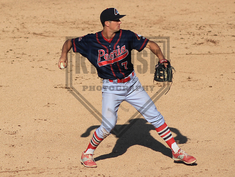 APPLETON - April 2015: third baseman Danny Diekroeger (7) of the Peoria Chiefs during a game against the Wisconsin Timber Rattlers on April 12th, 2015 at Fox Cities Stadium in Appleton, Wisconsin. (Photo Credit: Brad Krause)