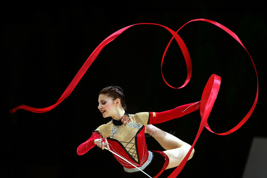 Stela Sultanova of Bulgaria waves with ribbon during All-Around competition at 2006 Thiais Grand Prix in Paris, France on March 25, 2006. (Photo by Tom Theobald)