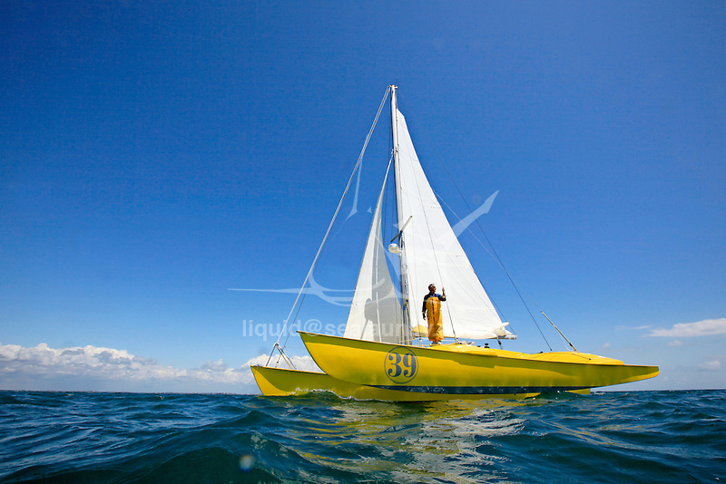 ‘Happy’ (the sister ship of Mike Birch’s famous Olympus) skippered by Loick Peyron preparing to take part in this 10th transatlantic race "La Route du Rhum", La Trinité-sur-Mer, Brittany, France.