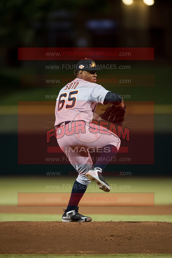 Mesa Solar Sox starting pitcher Gregory Soto (65), of the Detroit Tigers organization, delivers a pitch during an Arizona Fall League game against the Scottsdale Scorpions on October 9, 2018 at Scottsdale Stadium in Scottsdale, Arizona. The Solar Sox defeated the Scorpions 4-3. (Zachary Lucy/Four Seam Images)