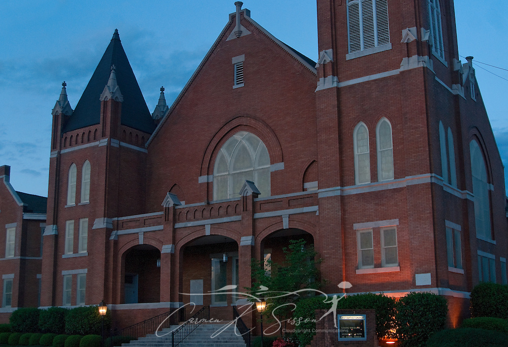 The sun sets on First Baptist Church in downtown Columbus, Miss. April 20, 2010. The church was established in 1832. (Photo by Carmen K. Sisson/Cloudybright)