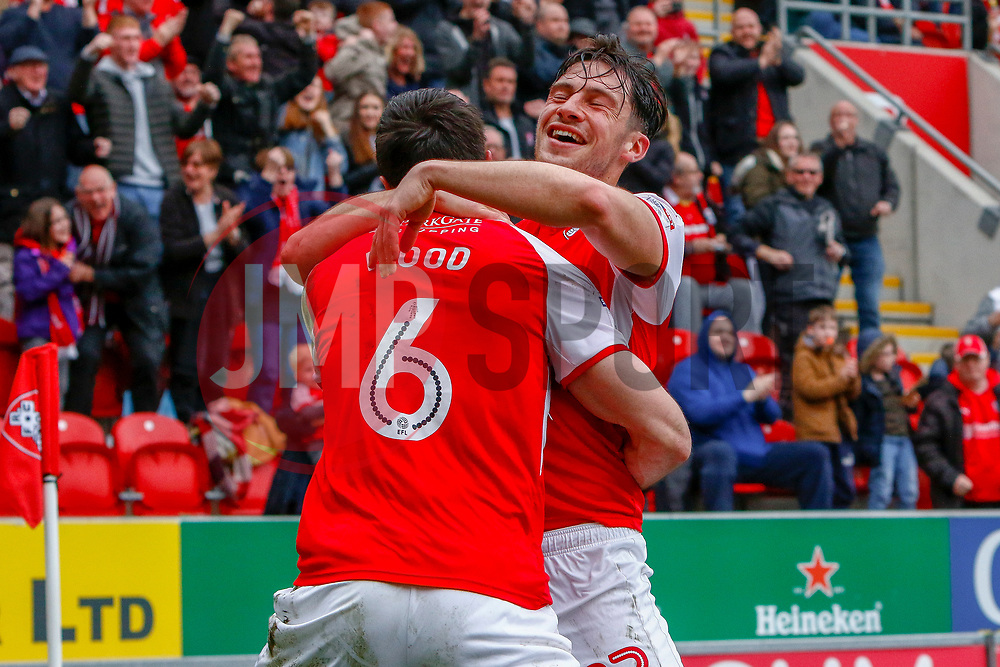 Richard Wood of Rotherham United celebrates his goal with Joe Newell of Rotherham United - Mandatory by-line: Ryan Crockett/JMP - 07/04/2018 - FOOTBALL - Aesseal New York Stadium - Rotherham, England - Rotherham United v Fleetwood Town - Sky Bet League One