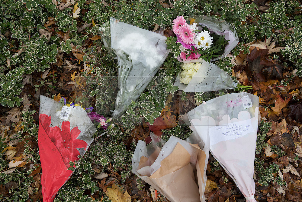 © Licensed to London News Pictures. 10/11/2016. Croydon, UK. Floral tributes are placed near Sandilands tram station as investigations are continuing into a tram crash that police say claimed seven lives and injured 50. The driver has been arrested and is being questioned by police. Photo credit: Peter Macdiarmid/LNP