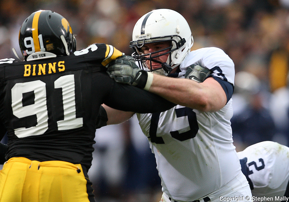 08 NOVEMBER 2008: Penn State tackle Dennis Landolt (73) blocks Iowa defensive end Broderick Binns (91) in the first half of an NCAA college football game against Penn State, at Kinnick Stadium in Iowa City, Iowa on Saturday Nov. 8, 2008. Iowa beat Penn State 24-23.
